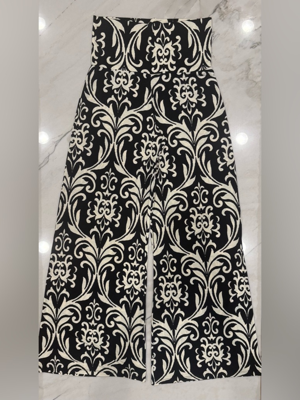 High-Waist Wide-Leg Black & Cream Patterned Pants Same Day Shipping